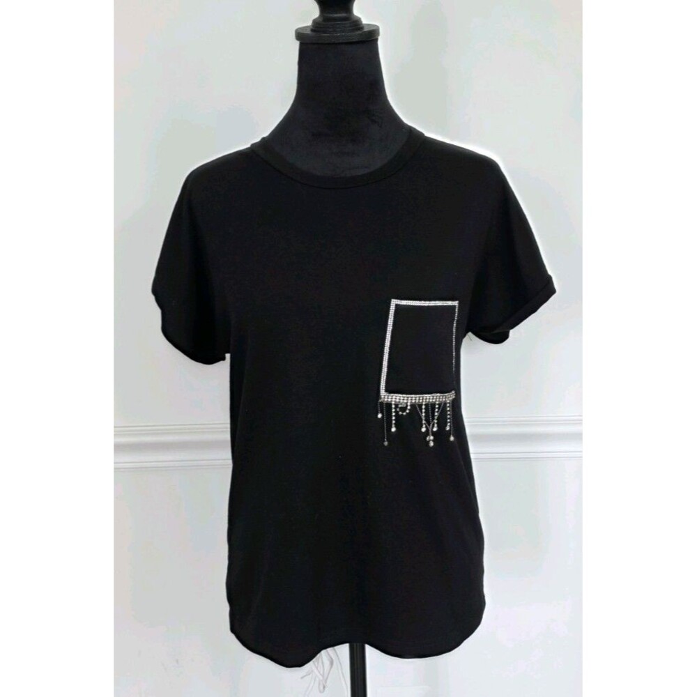 One World Black Top Size S Rhinestone Crystal Fringe Pocket Short Sleeve Tunic